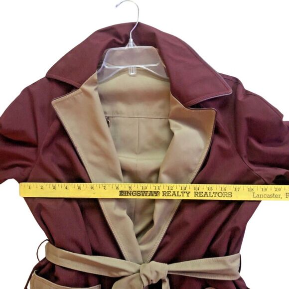 Etienne Aigner Reversible Trench Coat Womens Size 8P Oxblood/Khaki Leather Trim - Picture 7 of 15